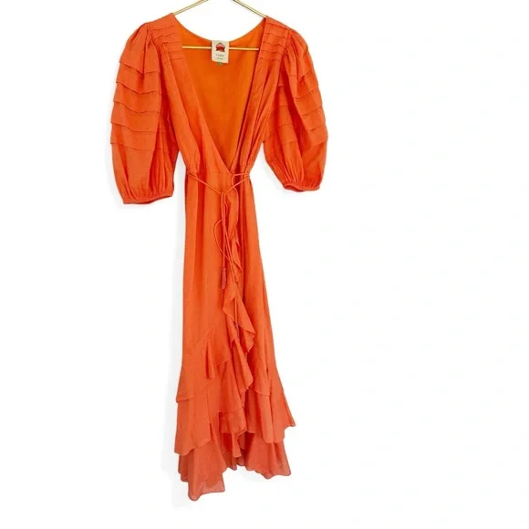 Farm Rio • Orange Ruffles Wrap Midi Dress - Picture 2 of 10